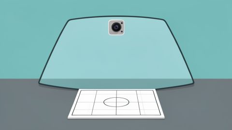 Conceptual illustration of a car windshield outline with a forward-facing camera behind the glass and a calibration target grid ahead, evoking ADAS recalibration after a windshield replacement