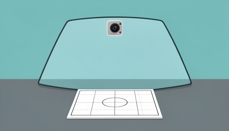 Conceptual illustration of a car windshield outline with a forward-facing camera behind the glass and a calibration target grid ahead, evoking ADAS recalibration after a windshield replacement