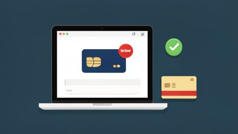 A laptop checkout screen showing a declined card badge next to a green check and a physical card