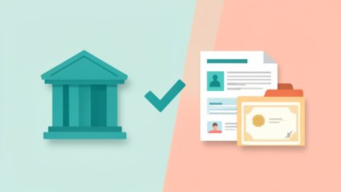 A bank building icon linked by a checkmark to a folder of business documents including a lease, ID, and certificate