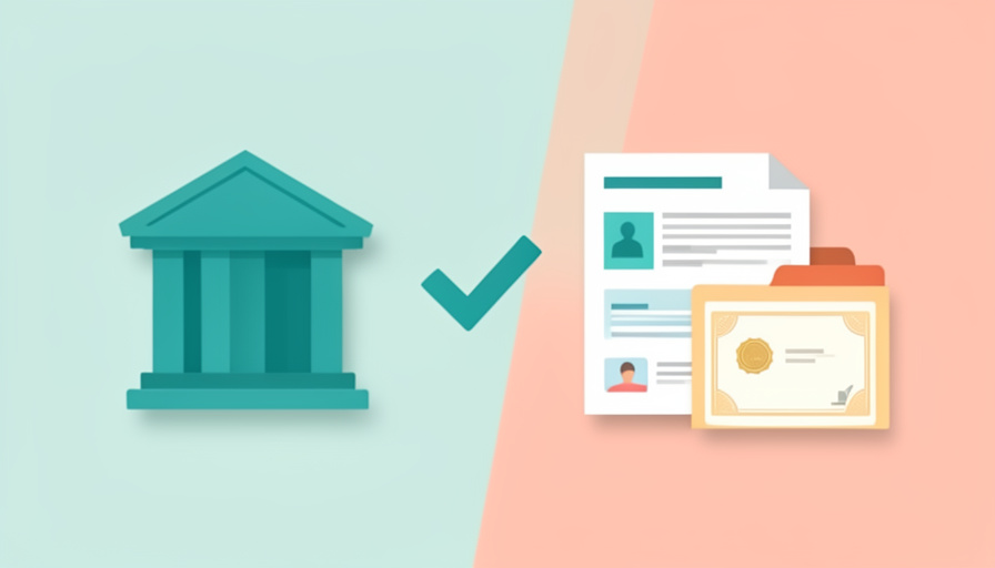 A bank building icon linked by a checkmark to a folder of business documents including a lease, ID, and certificate