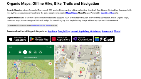 Organic Maps site, a free open-source offline maps and GPS app for hikers with no subscription
