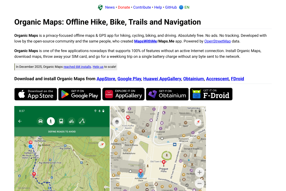 Organic Maps site, a free open-source offline maps and GPS app for hikers with no subscription