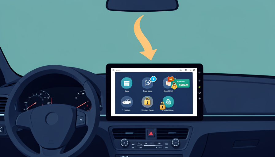 A car dashboard with an infotainment screen showing locked feature icons and an over-the-air update arrow