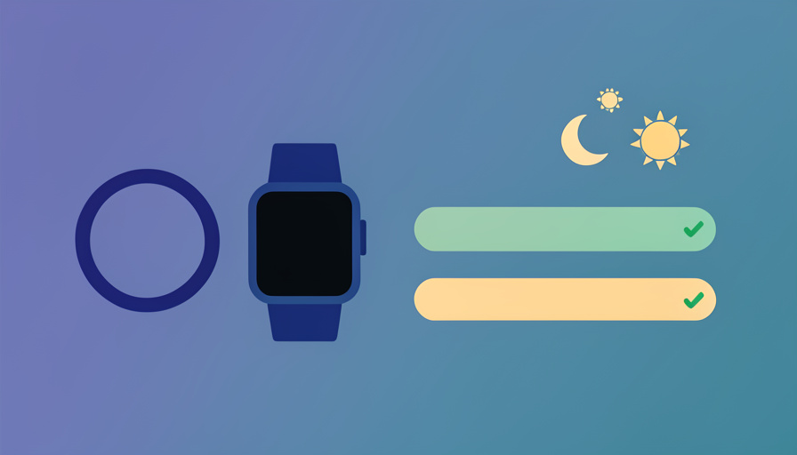 A smart ring and watch beside a sleep chart showing a daytime nap and a night sleep block, both scored sensibly