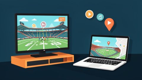 A TV and laptop showing a college football stadium with streaming play buttons and a map location pin
