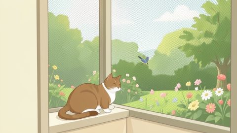 Conceptual illustration of a cat sitting safely inside a screened window catio enclosure looking out at a garden, evoking outdoor cat safety