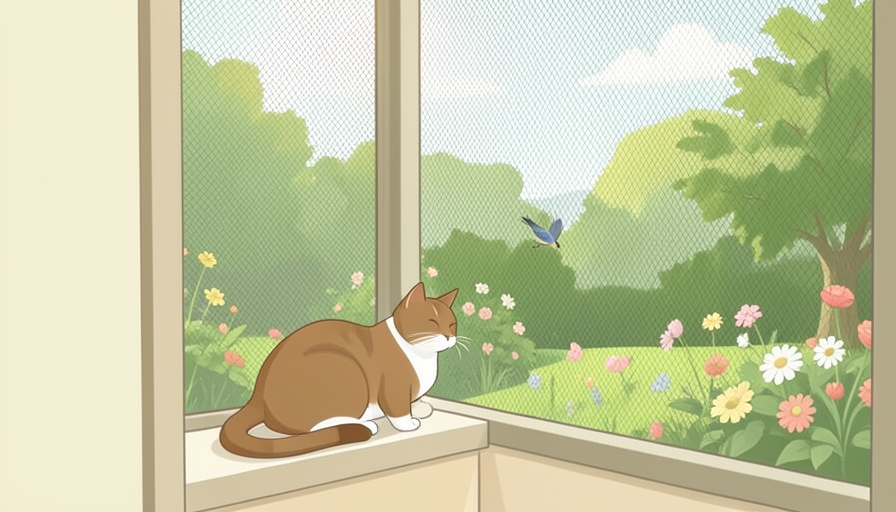 Conceptual illustration of a cat sitting safely inside a screened window catio enclosure looking out at a garden, evoking outdoor cat safety