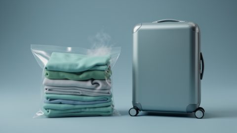 Conceptual illustration of clothes being compressed into a flat sealed bag next to an open carry-on suitcase, evoking space-saving packing alternatives to cubes