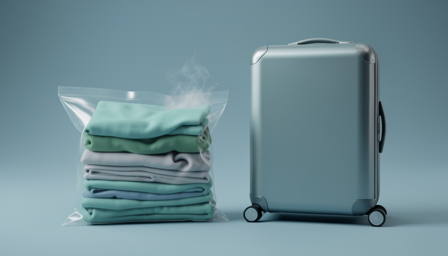 Conceptual illustration of clothes being compressed into a flat sealed bag next to an open carry-on suitcase, evoking space-saving packing alternatives to cubes