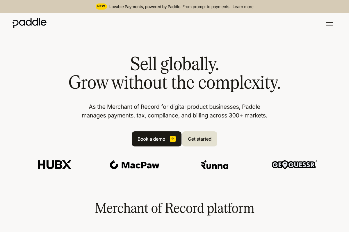 Paddle merchant of record payments platform homepage for SaaS subscriptions