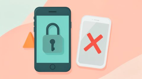 A phone showing a padlock with a key, a warning triangle, and a faded lost phone marked with an X