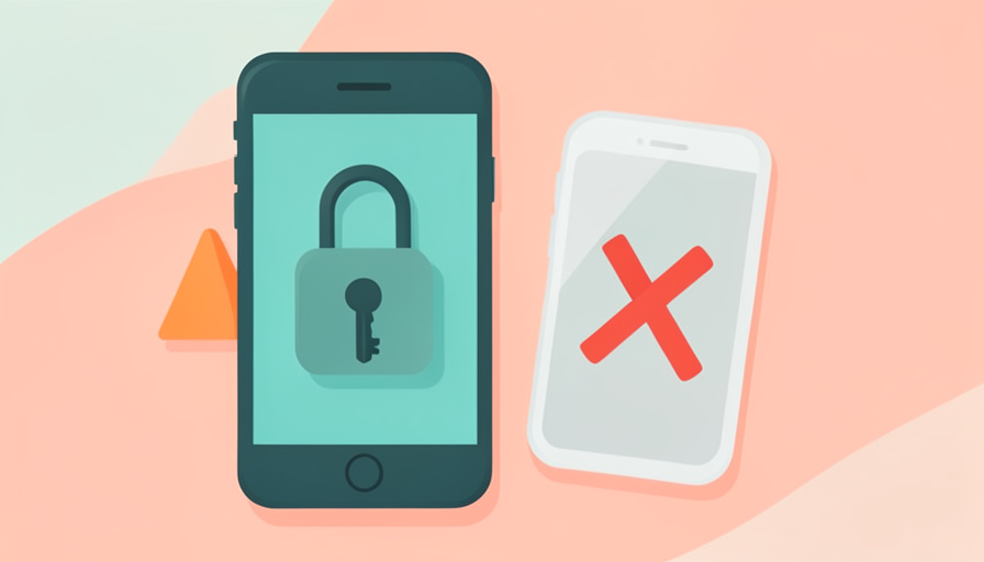 A phone showing a padlock with a key, a warning triangle, and a faded lost phone marked with an X