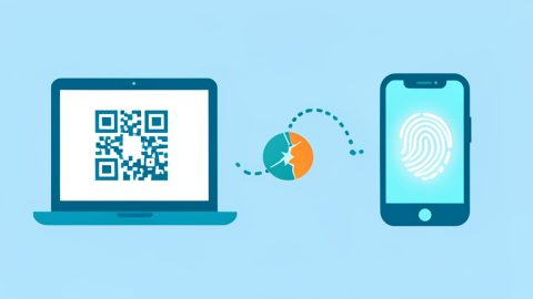 A laptop showing a passkey QR code and a phone confirming over a Bluetooth link, with a broken-link warning icon