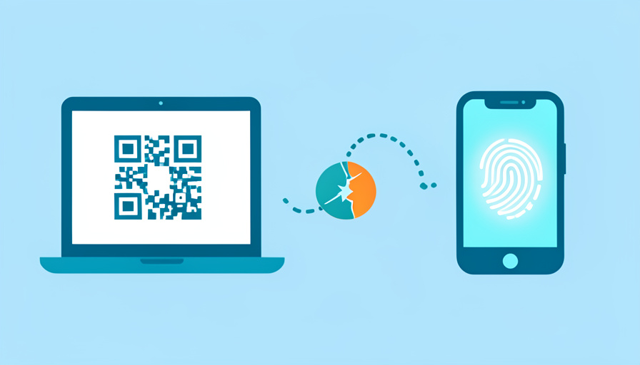A laptop showing a passkey QR code and a phone confirming over a Bluetooth link, with a broken-link warning icon