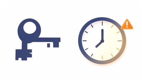 Conceptual illustration of a key icon beside a clock face with no numerals showing the wrong time and a small warning symbol, evoking a passkey login affected by an incorrect device clock