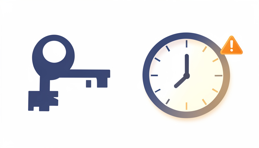 Conceptual illustration of a key icon beside a clock face with no numerals showing the wrong time and a small warning symbol, evoking a passkey login affected by an incorrect device clock