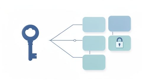 Conceptual illustration of a key icon branching to several account tiles, one tile showing a locked padlock, evoking a passkey setup that can lock you out of multiple accounts