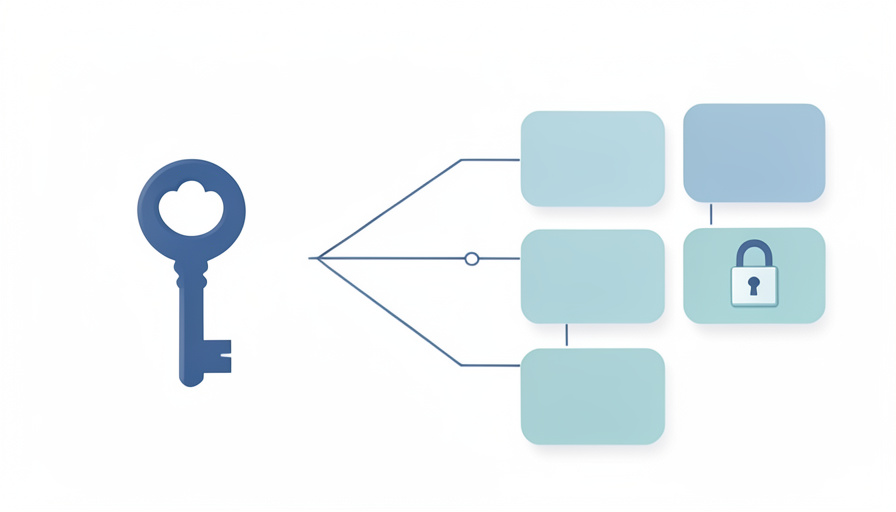 Conceptual illustration of a key icon branching to several account tiles, one tile showing a locked padlock, evoking a passkey setup that can lock you out of multiple accounts