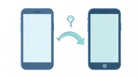 Conceptual illustration of an old phone and a new phone with a broken sync arrow between them and a key icon, evoking a passkey that failed to sync after a phone change