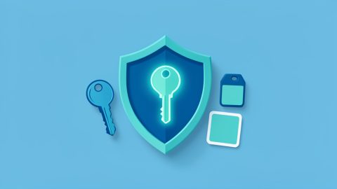 Conceptual illustration of a digital key protected by a shield, with a second spare key and a set of backup tokens beside it, evoking passkey login with fallback methods