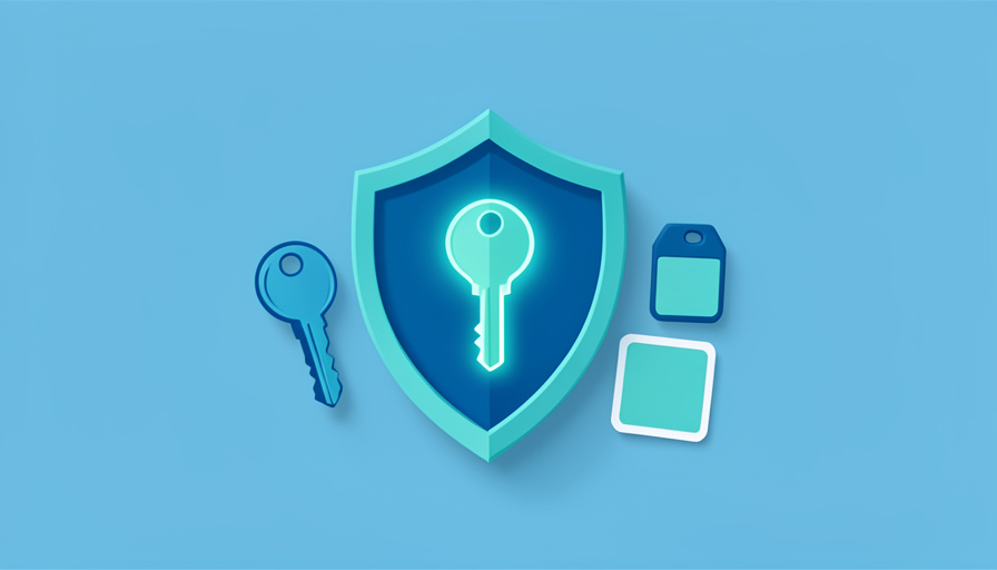 Conceptual illustration of a digital key protected by a shield, with a second spare key and a set of backup tokens beside it, evoking passkey login with fallback methods