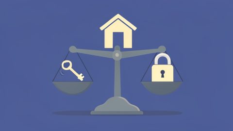 Conceptual illustration of a key on one side and a padlock vault on the other with a balance scale and a small house, evoking choosing between passkeys and a password manager for a household