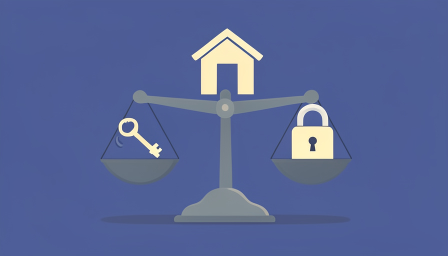 Conceptual illustration of a key on one side and a padlock vault on the other with a balance scale and a small house, evoking choosing between passkeys and a password manager for a household