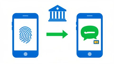One phone showing a fingerprint passkey and another showing an SMS bubble with a SIM, a bank icon and a swap arrow between them