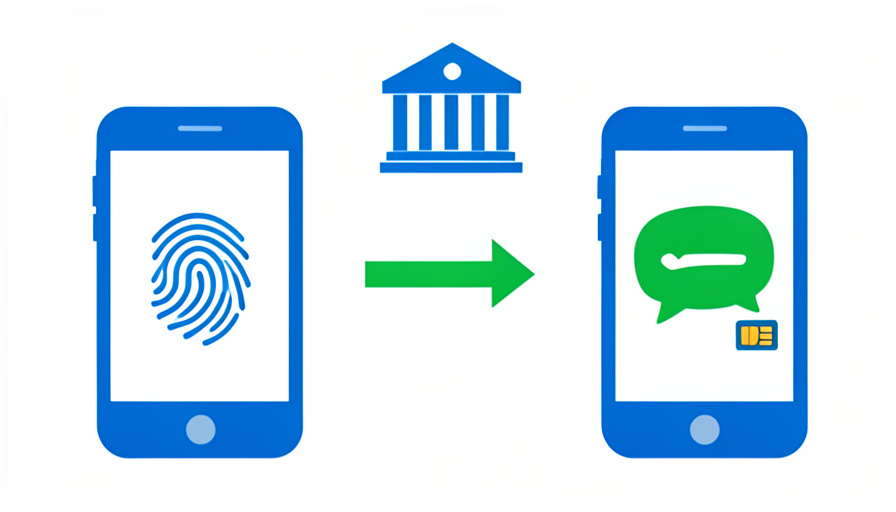 One phone showing a fingerprint passkey and another showing an SMS bubble with a SIM, a bank icon and a swap arrow between them