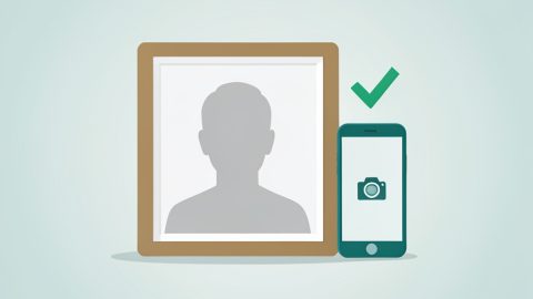 Conceptual illustration of a blank framed square photo, a smartphone, and a checkmark, evoking passport photo options without showing a real face