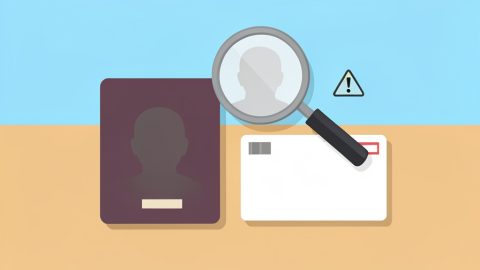 Conceptual illustration of a blank passport booklet beside a blank boarding pass with a magnifier and a small warning symbol, evoking checking a ticket name against a passport