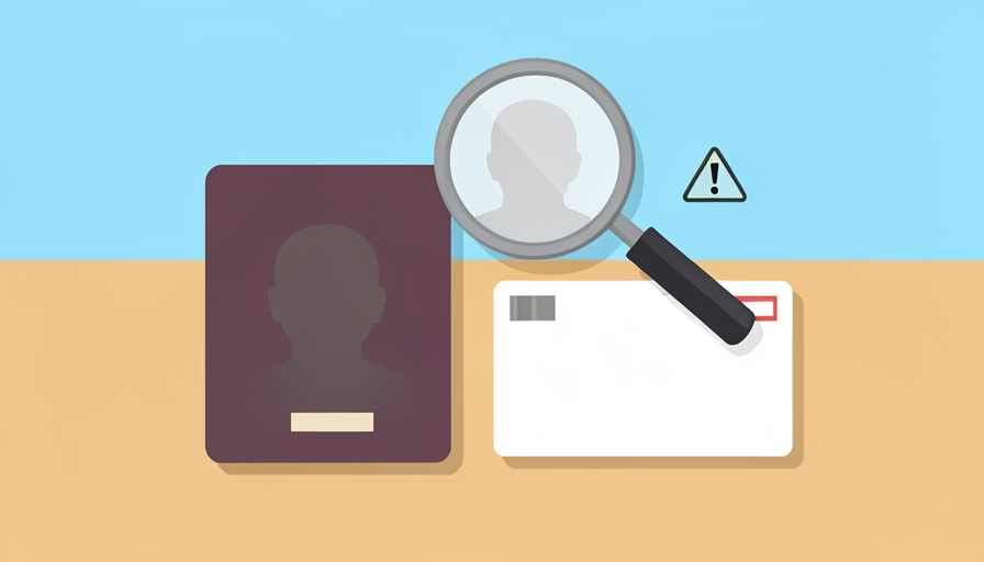 Conceptual illustration of a blank passport booklet beside a blank boarding pass with a magnifier and a small warning symbol, evoking checking a ticket name against a passport