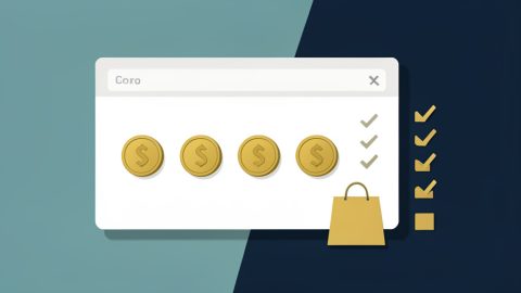 An online checkout split into four coin installments beside a checklist and a shopping bag