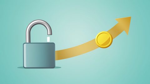 Conceptual illustration of a coin moving freely along an arrow past a small unlocked padlock, evoking a freelancer payout released without a hold