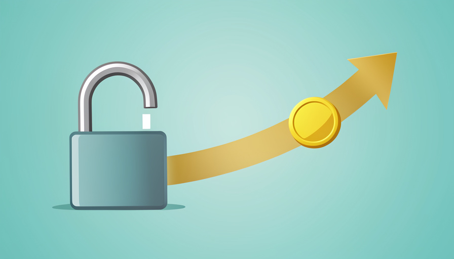 Conceptual illustration of a coin moving freely along an arrow past a small unlocked padlock, evoking a freelancer payout released without a hold