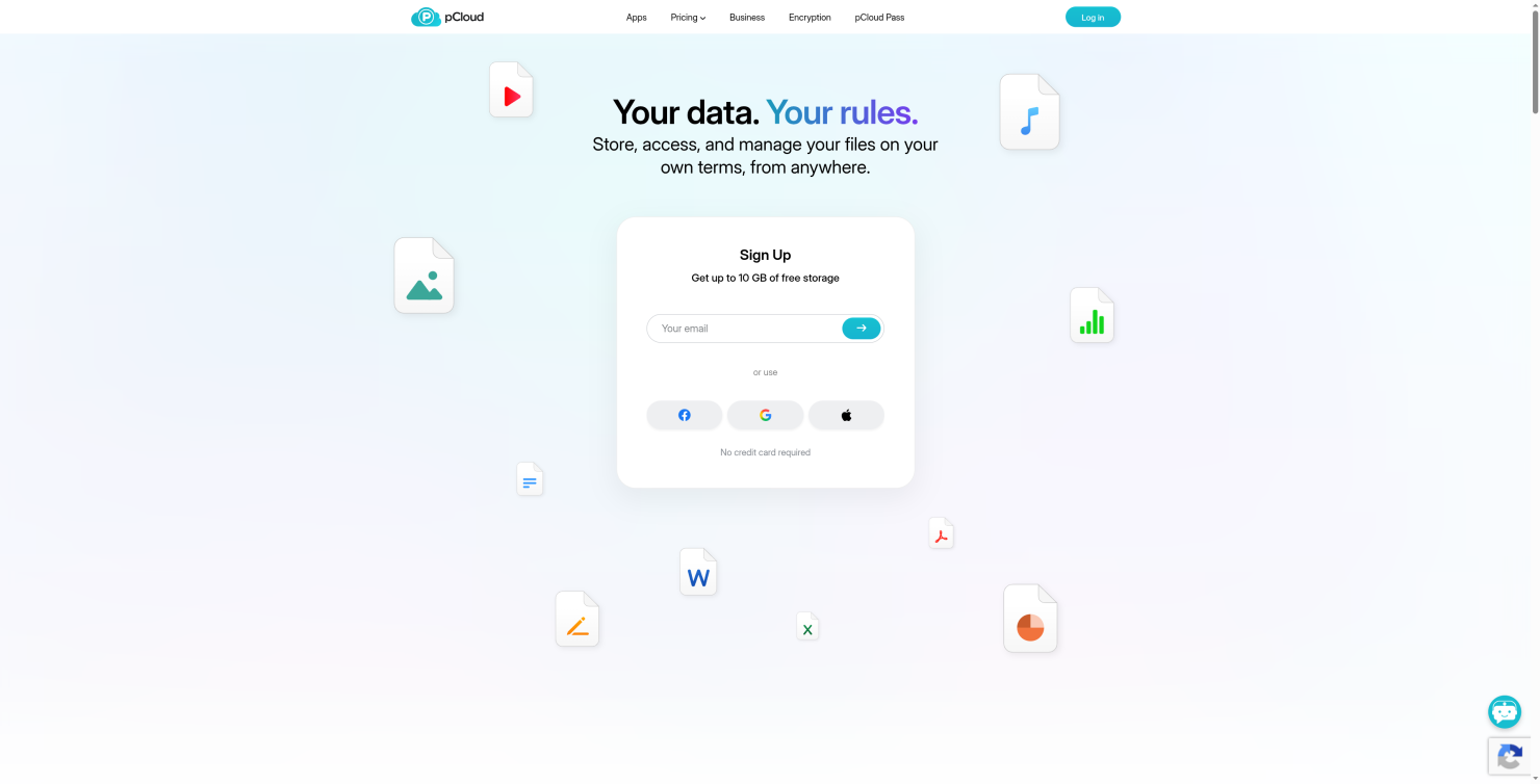 pCloud cloud storage homepage highlighting cross-platform file access and sync