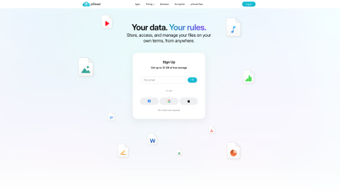 pCloud cloud storage homepage highlighting cross-platform file access and sync