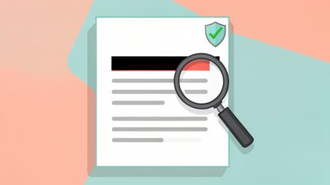 A document with one line permanently redacted, the rest searchable under a magnifying glass, with a security shield