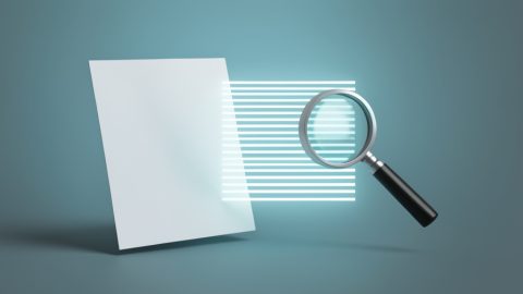 Conceptual illustration of a paper document turning into a digital page with a magnifying glass over searchable lines, evoking OCR that makes scans searchable