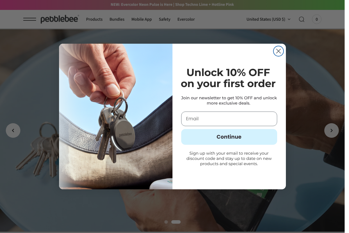 Pebblebee tracker product page, a rechargeable cross-platform luggage tracker that works with Apple Find My or Google Find Hub