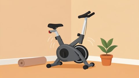 Conceptual illustration of a compact exercise bike beside a rolled floor mat in a tidy apartment corner, with soft sound arcs, evoking a quiet space-saving home cycle