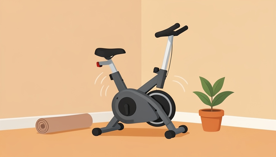 Conceptual illustration of a compact exercise bike beside a rolled floor mat in a tidy apartment corner, with soft sound arcs, evoking a quiet space-saving home cycle