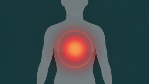 Conceptual illustration of a red warning glow over a stylized abdomen silhouette, evoking an acute abdominal emergency