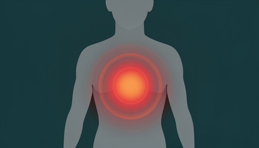 Conceptual illustration of a red warning glow over a stylized abdomen silhouette, evoking an acute abdominal emergency