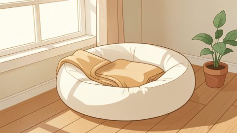 Conceptual illustration of a soft empty pet bed by a sunlit window with a folded blanket, evoking gentle end-of-life pet care