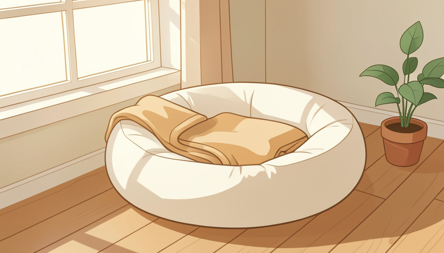 Conceptual illustration of a soft empty pet bed by a sunlit window with a folded blanket, evoking gentle end-of-life pet care