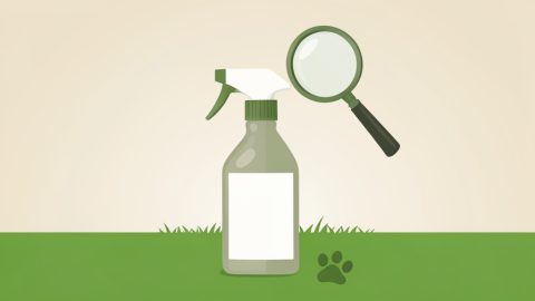 Conceptual illustration of a spray bottle beside a lawn with a paw print and a magnifying glass over a blank label, evoking checking a weed killer label for pet safety