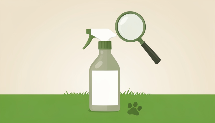 Conceptual illustration of a spray bottle beside a lawn with a paw print and a magnifying glass over a blank label, evoking checking a weed killer label for pet safety
