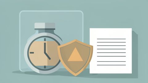 Conceptual illustration of a prescription bottle held behind a paused clock and a shield with a warning triangle, evoking a stalled pharmacy prior authorization